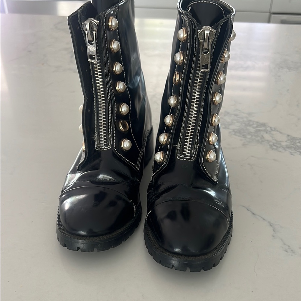 Black Patent Leather Phillip Lim boots with Pearl Accents